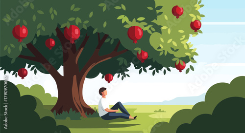 Person Seated Underneath a Fruit-Bearing Tree in a Serene Landscape