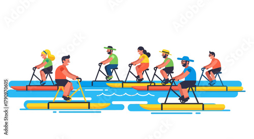 People Enjoying Water Bikes in a Group, Fun Activity, Summer Vacation, Flat Design Scene