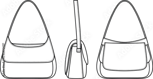 Shoulder bag front side back view minimal clean handbag template fashion accessory mockupfor tech pack cad drawing flat vector illustration