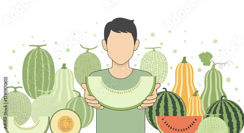 Person Showcases Slice of Melon Amidst Variety of Fresh Fruit Illustrations