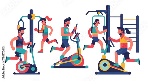 People Exercising In Unique Gym Using Training Machines On A Bold Illustrative Design