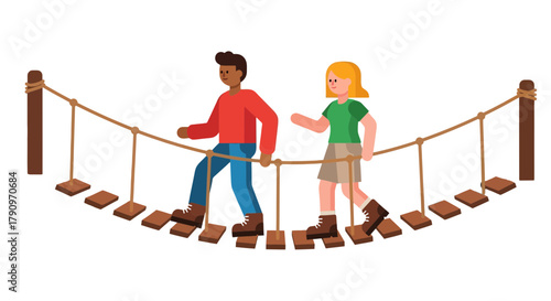 People Experiencing Adventure: Crossing a Suspension Bridge Over Dark Space