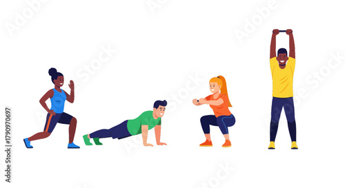 People Exercising Together Doing Different Fitness Exercises Against Black Background
