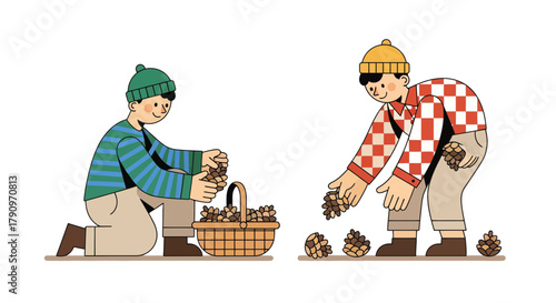People Harvesting Pine Cones For Autumn Crafting And Seasonal Home Decorations