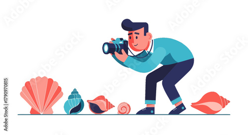 Photographer Capturing Seashells: A Coastal Adventure in Vector Illustration Style