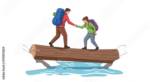 People Helping Each Other Traverse A Log Bridge Over Flowing Water Safely