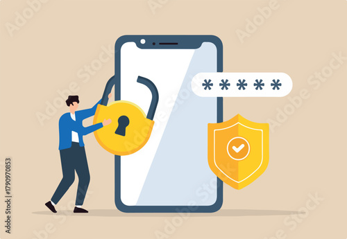Flat illustration of man securing mobile devices protecting smartphones and preventing data breaches
