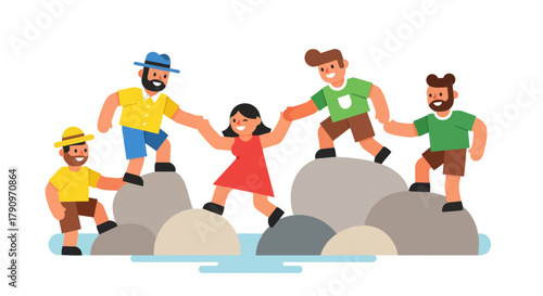 People Helping Each Other Traverse Rocks, Illustrating Teamwork and Cooperation with Ease