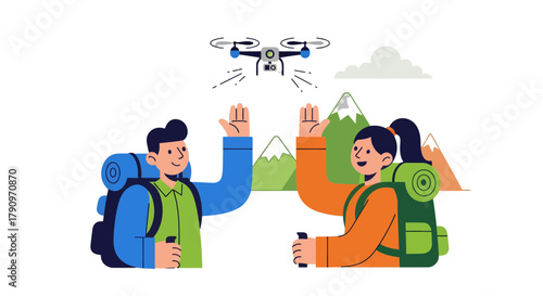 People High Fiving Under Drone While Hiking Near Mountains For Digital Capture