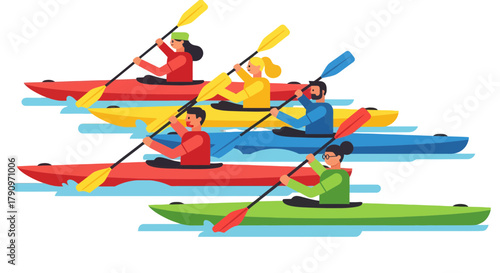 People Kayaking Together in Vivid Colors on Water under a Black Sky Illustration