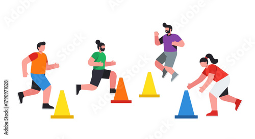 People Performing Exercise With Creative Color Cones in a Minimalist Vector Style