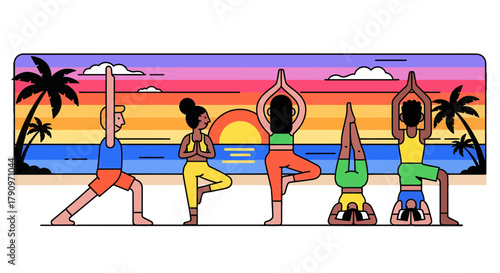 People Practicing Different Yoga Poses at Beach During Tropical Sunset Illustration