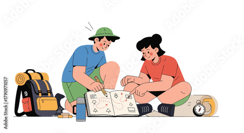 Planning Adventure: Two Friends Study The Map And Prepare For Expedition