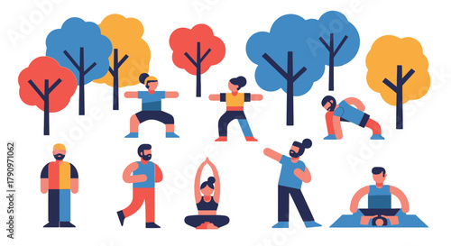 People Practicing Exercise in Nature with Colorful Trees and Outdoor Activities