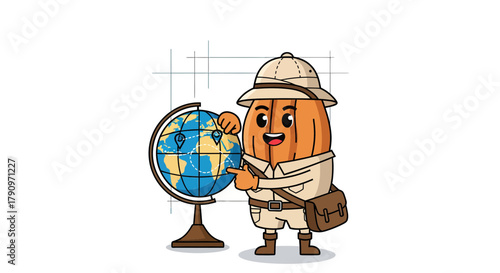 Pumpkin Adventurer Inspecting Globe for Exploration, Discovering New Horizons and Adventures