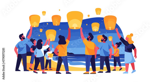 People Releasing Lanterns Under A Twinkling Sky Creating A Radiant Festive Celebration