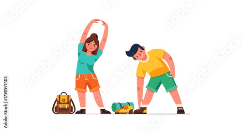 People Stretching Before Hiking Adventure Illustration Against Black Background