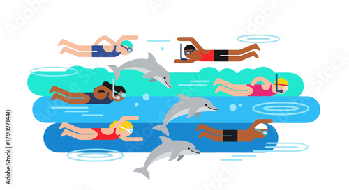 People Swimming and Diving With Playful Dolphins Depicted in Minimalist Illustration