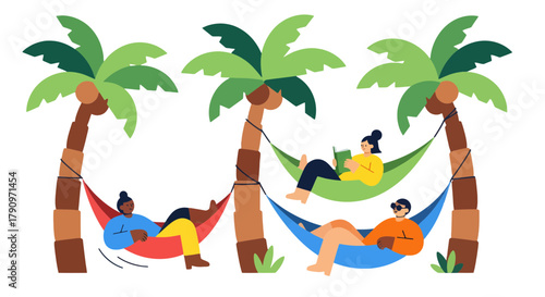 Relaxation and Leisure Under Tropical Palms Depicted in a Stylish Minimalist Illustrative Art
