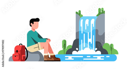 Person Contemplating Nature's Beauty Next To A Majestic Waterfall In Serene Ambient