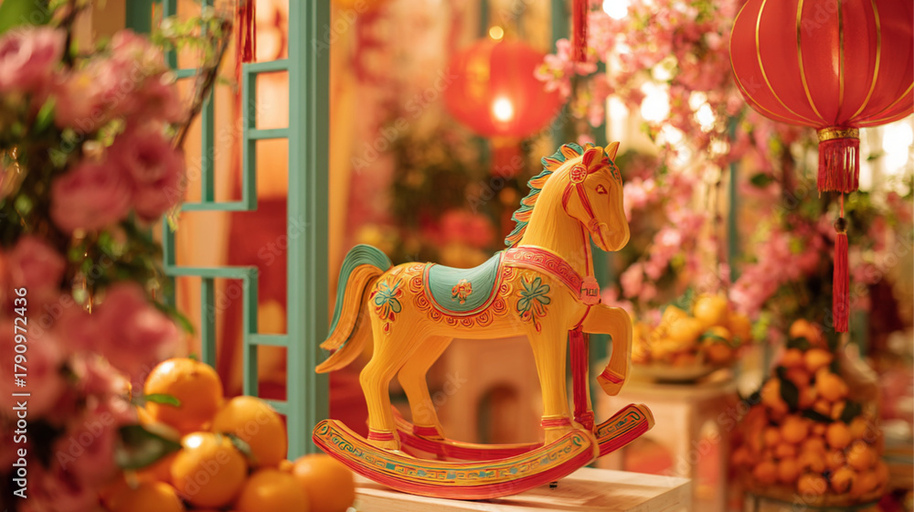 Naklejka premium Vibrant Chinese New Year Interior with Colorful Paper Rocking Horse, Red Lanterns, and Mandarin Oranges, Chic Asian Style