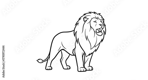 Illustration of a lion standing with its mouth open outlined in black on a white background