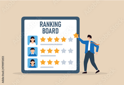Flat illustration of human resource manager placing rating stars next to candidate avatars on ranking board to evaluate interview selection and onboarding priority