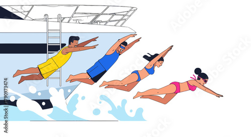People Diving Into Water From A Yacht With Joyful Attitude and Summer Vacation