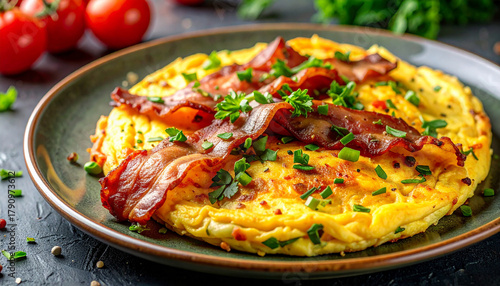 Wallpaper Mural Tasty omelet with fried bacon in plate. Delicious food for breakfast. Yummy dish. Nutritious meal. Torontodigital.ca