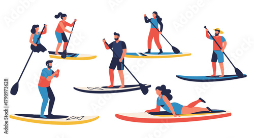 Paddleboarding Adventures: Group Silhouettes on Boards Against a Black Background