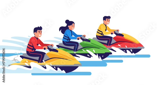 People Enjoy Jet Skis On Water, Summer Recreation, Sport Fun, Colorful Illustration