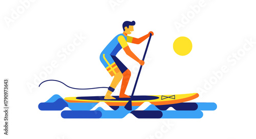 Paddleboarding In Evening: Minimalist Depiction Of Watersport Activity Under Full Moon Glow