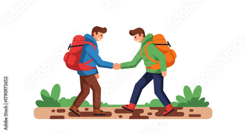 Pair Of Hikers Joining Hands On A Trail Depicting Camaraderie And Partnership