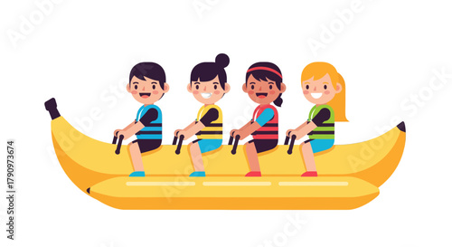 People Enjoying a Funny Ride on a Floating Banana Boat Over a Black Background