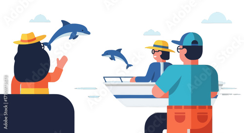 People Enjoying a Boat Tour, Observing Dolphins Across The Seas With Delight