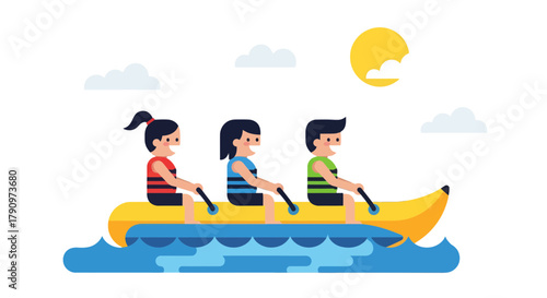 People Enjoying a Scenic Evening Banana Boat Ride on the Dark Water's Surface