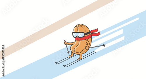Peanut Athlete Enjoying Winter Sports on Snowy Mountain Slope with Skiing Gear and Red Scarf