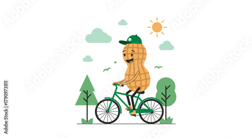 Peanut Buddy Having Fun Riding Bicycle In Nature With Green Scenery