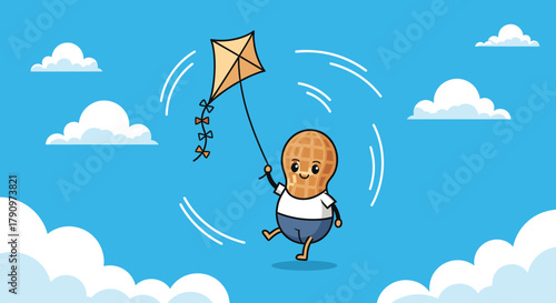 Peanut Character Joyfully Flying a Kite Against a Vibrant Blue Sky in Playful Scene