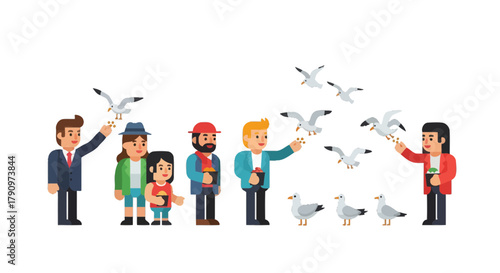 People Enjoying Feeding Birds: A Joyful Illustrated Scene on a Black Backdrop