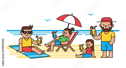 People Enjoying Leisure Time And Cocktails At The Beach Under A Sunny Umbrella