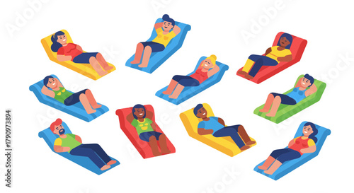 People Enjoying Leisure Moments on Colorful Lounge Chairs in Relaxing Positions