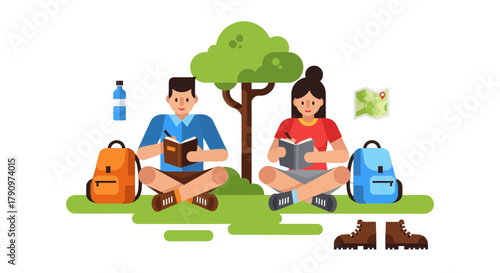 People Enjoying Nature And Writing With Backpacks And Maps Resting Under A Tree Together