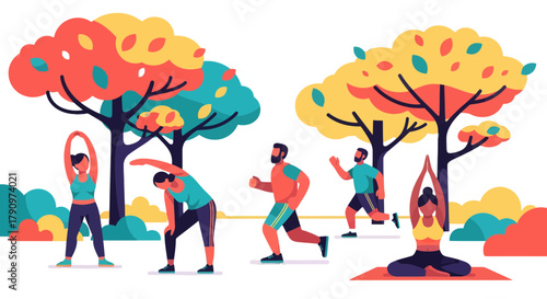 People Enjoying Outdoor Fitness Activities In A Colorful Park Setting