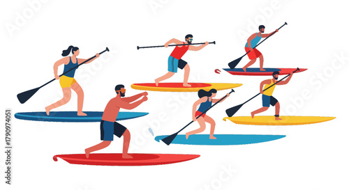 People Enjoying Paddleboarding Leisure Activities on Colorful Boards Against Black Background