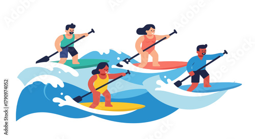 People Enjoying Paddleboarding On The Waves, Having Fun In The Summer