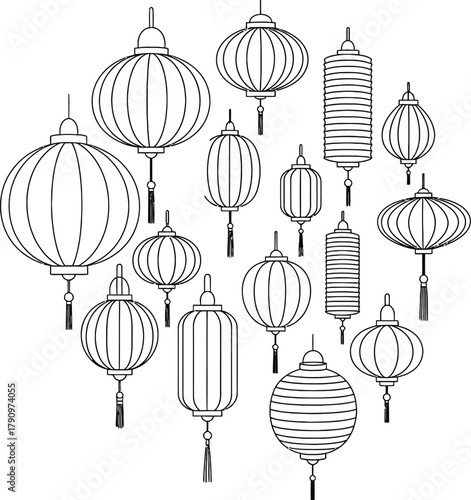 Collection of traditional chinese lanterns in a decorative arrangement