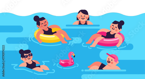 People Enjoying Summer Fun, Relaxing In The Pool With Inflatable Floats and A Flamingo