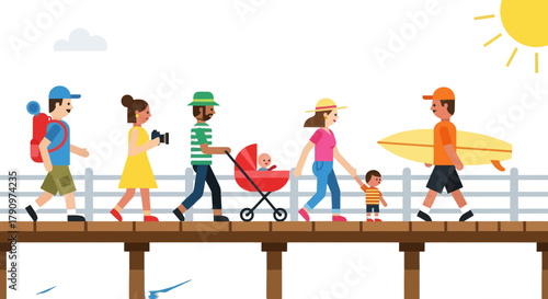 People Enjoying Summertime Activities on a Wooden Pier With Sun and Cloud Visuals