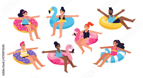 People Enjoying Summer Fun, Relaxing In The Sun Using Inflatables On A Black Background